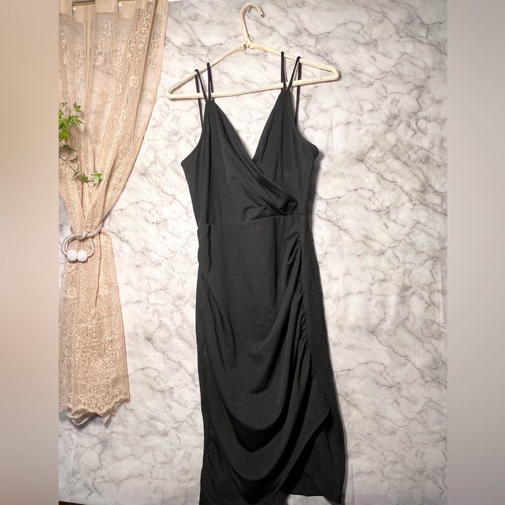 Grace Karin Black Ruched Wrap Cocktail Dress M NWT Double Strap Bodycon - Picture 2 of 11